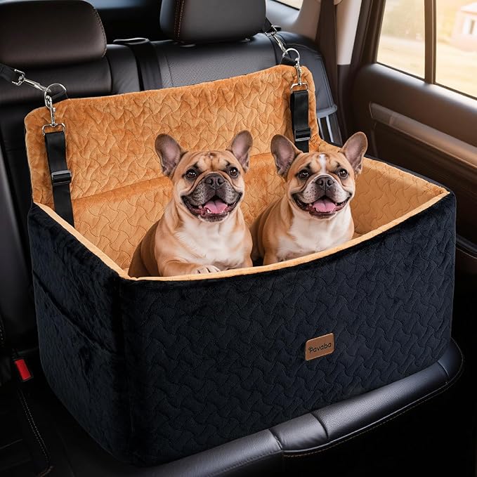 Dog Car Seat for Large Medium Dogs up to 60 lbs – Elevated Dog Booster Seat for Cars with Extra-Safe 14in High Front, Memory Foam Cushion, Washable Cover, Backseat Pet Car Bed (Brown/Black)