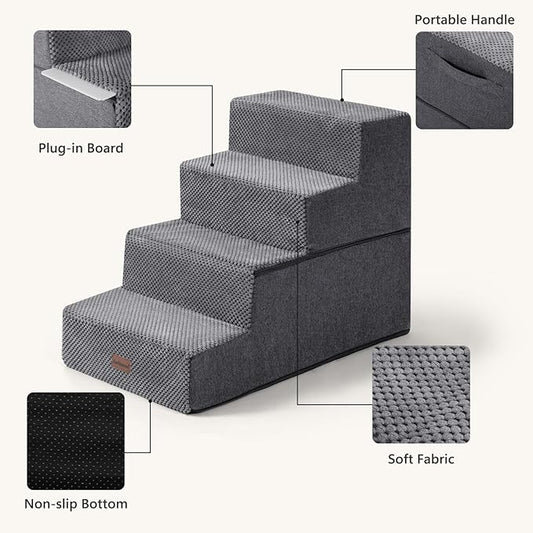 Dog Steps for Bed and Couch, 4-Step Pet Stairs for Small Dogs, Indoor Non-Slip Dog Stairs for Old Cats, Puppy, Small Medium Dogs,18.5" H,Grey