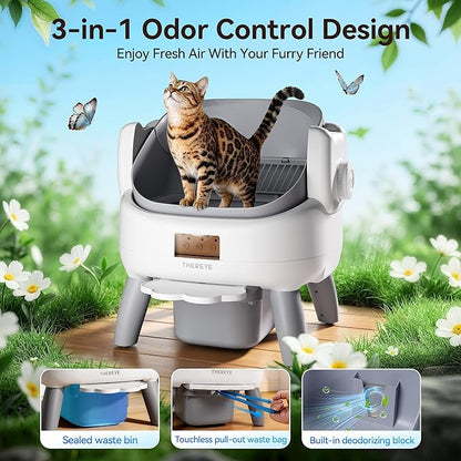 Thereye Automatic Litter Box with Entry Step, Open-Top Self Cleaning Litter Box for Multiple Cats, 11 Safety Protections & App Control, Odor Control Smart Cat Litter Box with Trash Bags/Litter Mat