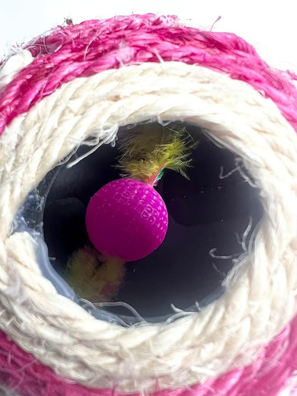 1x Hemp Ball Cat Toy,Six-Hole Hollow-Out Designed,Sisal Hemp Woven Cat Toy, Plume Bell Inside,Special Kitten Chew Toys for Indoor Cats,Interactive pet (Red, 12cm Ball)