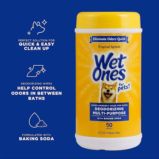Wet Ones for Pets Deodorizing Multipurpose Dog Wipes with Baking Soda, Tropical Splash Scent - Desmellizing Wipes for Dogs in Canister, 50 Count - 3 Pack