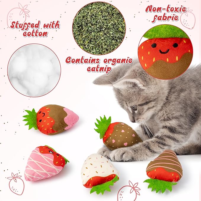 MALLMALL6 Catnip Toys for Cat - 5Pcs Strawberry Chocolate Crinkle Paper Sound Catmint Toy for Indoor Kitten, Teething Chew Kick Interactive Kitty Supplies, Pet Present for Kitten Lover