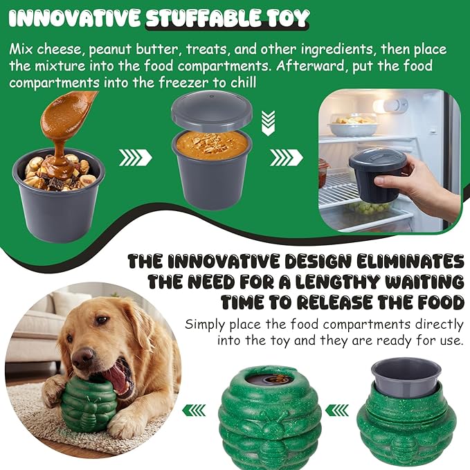 1 Pack Large Dog Toys for Aggressive Chewers, Dog Treat Dispensing Toy to Keep Them Busy, 2-in-1 Fillable Holder with 2 Cups and Food-Dispensing Lids for Large Medium (Green)