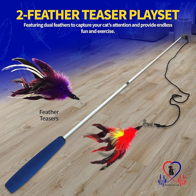Pet Fit For Life Cat Feather Wand Toys – Interactive Cat Wand Toy for Indoor Pets | 2 Feather Attachments | Promotes Animal Health & Fitness, Made w/Soft & Durable Materials | Gift (Red)