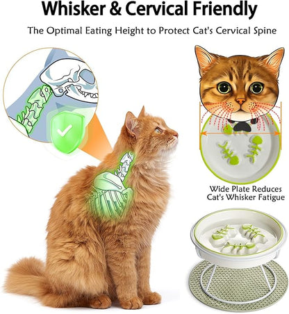 Raised Cat Dog Slow Feeder Bowl with Stand,Elevated Cat Food Bowl Shallow Design,Slow Down Eating Speed of Pets,No Whisker Fatigue Ceramic Puzzy Feeder, Against Bloat,Indigestion, Easy to Clean