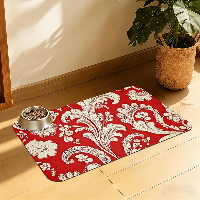 Red White Paisley Pet Food Mat, Absorbent Feeding Pad for Dogs and Cats, Waterproof Anti-Slip Base – 12x20 Inch