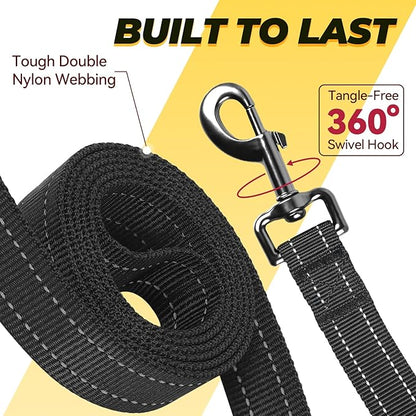 VIVAGLORY Dog Leash Twingrip Double Handle Dog Leash with Traffic Handle Control & 2 Loop for Walking & Training, Reflective Heavy Duty for Puppy Pet Collar, 5ft x 1in, Black
