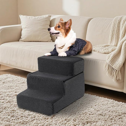 Dog Stairs for Small Dogs & Cats 13.5" H, 3-Step Non-Slip Dog Steps for Bed, Sofa and Chair, Pet Stairs with High Density Foam, Grey