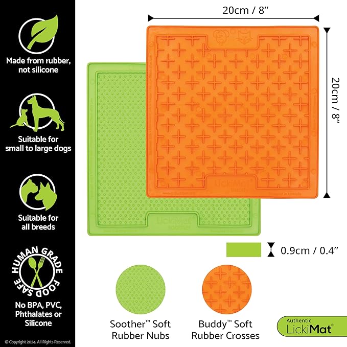 LickiMat 8"X8" Pack of 2 Slow Feeder for Dogs Boredom & Anxiety Reducer for Food Treats Yogurt Peanut Butter Fun Alternative to a Slow Feed Dog Bowl Classic Dog Buddy & Soother (Green & Orange)