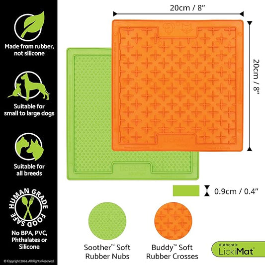 LickiMat 8"X8" Pack of 2 Slow Feeder for Dogs Boredom & Anxiety Reducer for Food Treats Yogurt Peanut Butter Fun Alternative to a Slow Feed Dog Bowl Classic Dog Buddy & Soother (Green & Orange)