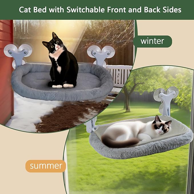 Cat Window Perch with 6 Strong Suction Cups,Mats that can be Switched Between Winter and Summer,Foldable Cordless Cat Beds Can Bear to 50LBS Weight (Grey)