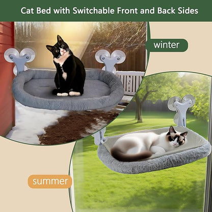 Cat Window Perch with 6 Strong Suction Cups,Mats that can be Switched Between Winter and Summer,Foldable Cordless Cat Beds Can Bear to 50LBS Weight (Grey)