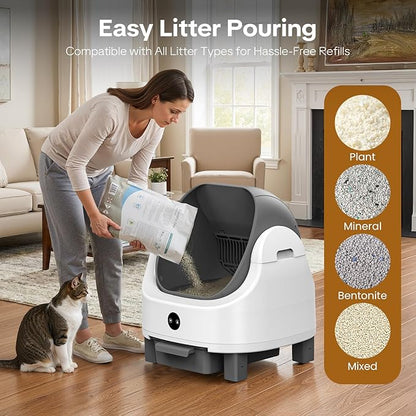 OROLEY Automatic Cat Litter Box, Self-Cleaning Litter Box with APP Monitoring, Extra Large Capacity, Odor Control System, Infrared Safety Protection, Litter Box for Multiple Cats (Gray)