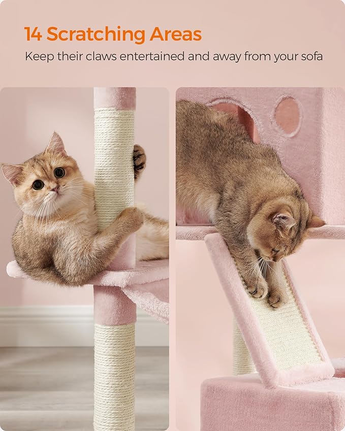 Feandrea Cat Tree, 81.1-Inch Large Cat Tower, Multi-Level Plush Condo with 13 Scratching Posts, 2 Perches, 2 Caves, Basket, Hammock, Pompoms, Jelly Pink UPCT190P01