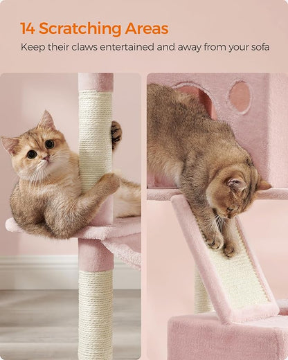 Feandrea Cat Tree, 81.1-Inch Large Cat Tower, Multi-Level Plush Condo with 13 Scratching Posts, 2 Perches, 2 Caves, Basket, Hammock, Pompoms, Jelly Pink UPCT190P01