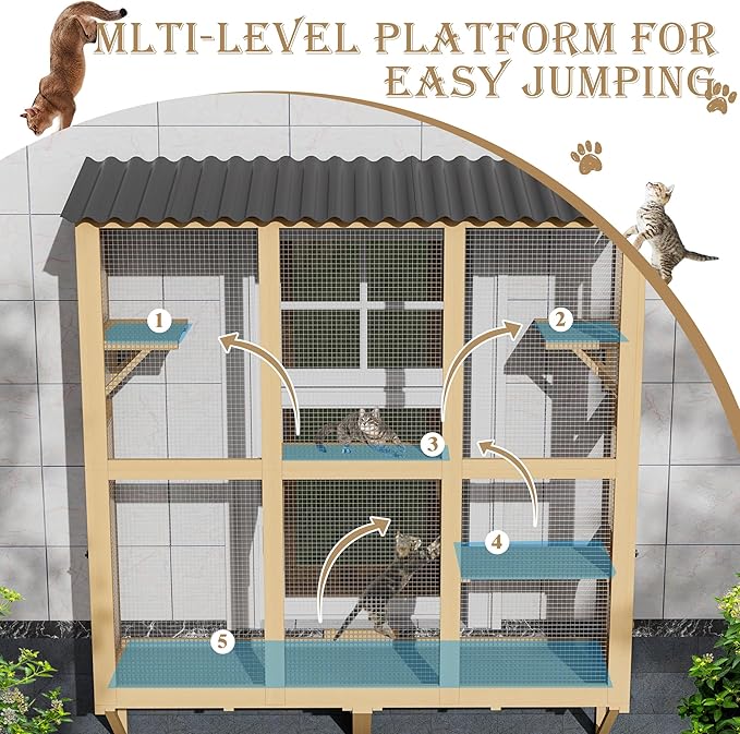 Large Catio Cat Window Box, Outdoor Cats Window Perch Enclosure for Indoor Cats with 4 Jump Platforms & 4 Doors, Kitten Cat Patio House Connected with Tunnels, All Weather Use (Natural)