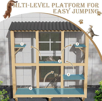 Large Catio Cat Window Box, Outdoor Cats Window Perch Enclosure for Indoor Cats with 4 Jump Platforms & 4 Doors, Kitten Cat Patio House Connected with Tunnels, All Weather Use (Natural)