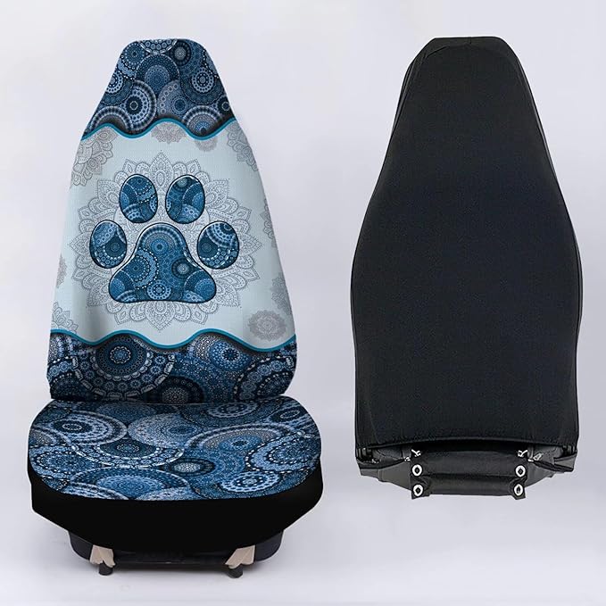 Blue Boho Mandala Dog Paw Printed Car Seat Cover only for Front, Waterproof Soft Universal Bucket Seats Cover Protector Fit Most Vehicles