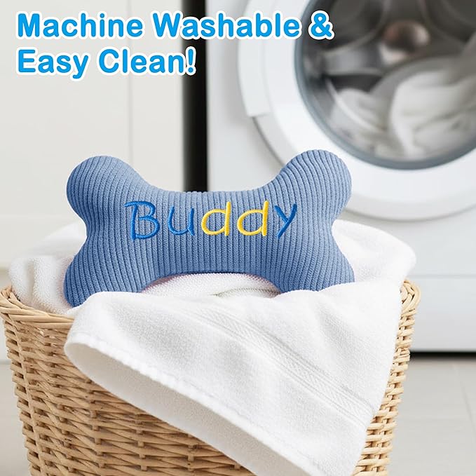 2026 Squeaky Dog Toys, Embroidered Bone Shape Blue Corduroy Pet Pillow 8"x5" with Black "Buddy" Text Cute Soft Cotton Filled Dog Chew Puzzle Toy Birthday Holiday Fun Gifts for Small Medium Large Dogs