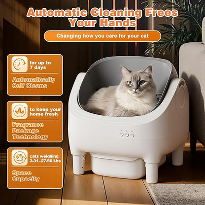 Greesum Self Cleaning Cat Litter Box – Automatic Open-Top Smart Litter Box with App Control, 15L Odor-Sealed Waste Bin, Ultra Quiet 35dB, Multi-Cat & Large Cat Compatible, with Trash Bags & Mat