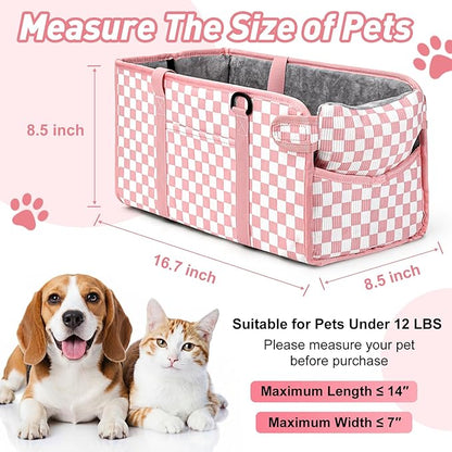 Portable Dog Car Seat for Small Dogs - Pet Booster Seat with Safety Leash & Anti-Collapse Design, Washable Cushion - Center Console Car Travel Carrier for Pets Up to 12 lbs, Pink Checkered