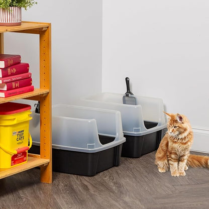 IRIS USA Large Open Top Cat Litter Box with High Sided Walls Tall Scatter Shield Scoop Included Easy Clean Plastic Pan Stain Resistant for Cats Kittens Indoor Multi-Cat Households 2-Pack Black