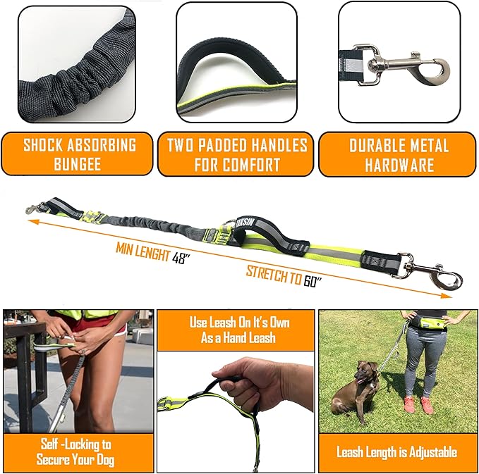 TAKSIN The Ultimate Hands Free Two Dogs Double Leash System for Walking Running Hiking Training, Reflective Bungee Leash, Treat Holder, Poop Bag Dispenser for Small Medium Large Dogs (Yellow Pack)
