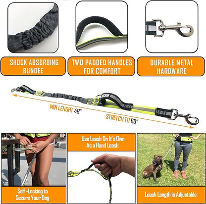 TAKSIN The Ultimate Hands Free Two Dogs Double Leash System for Walking Running Hiking Training, Reflective Bungee Leash, Treat Holder, Poop Bag Dispenser for Small Medium Large Dogs (Yellow Pack)