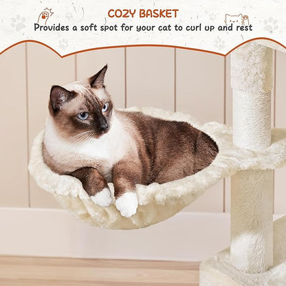 Yaheetech 76.5in Multi-Level Large Cat Tree, Big Cat Tower with 3 Condos, Cozy Plush Perches, 9 Sisal Scratching Posts and Ladder, Activity Center for Large Kitties, Beige