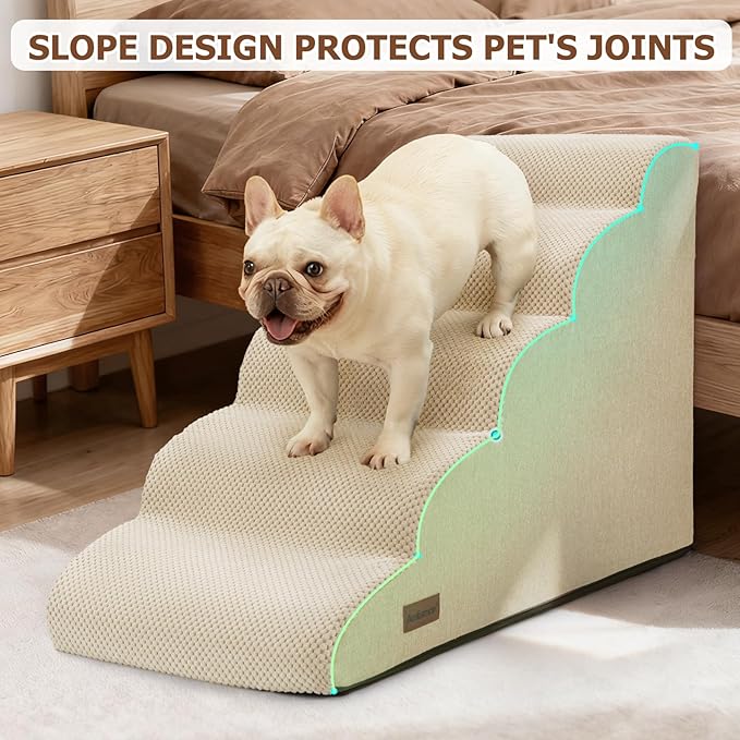 Dog Stairs for Bed 22.4”H,5-Step Dog Ramp for Small Dogs & Cats,Pet Steps for Dogs to get on High Bed, Indoor Anti-Slip Pet Stairs for Old Cats and Puppy,Beige