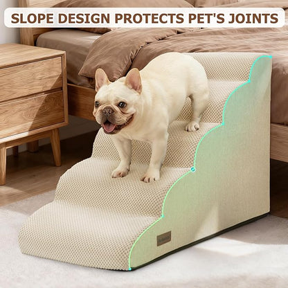 Dog Stairs for Bed 22.4”H,5-Step Dog Ramp for Small Dogs & Cats,Pet Steps for Dogs to get on High Bed, Indoor Anti-Slip Pet Stairs for Old Cats and Puppy,Beige