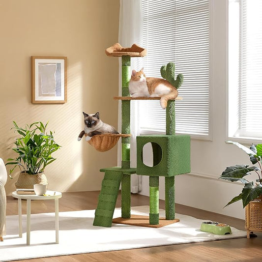 Yaheetech | Cactus Cat Tree | 59.5in Cat Tower w/Cute Perch, Cozy Condo, Convenient Climbing Ladder | Moppy Fabric-Covered Cat House for Indoor Cats | Green/Brown
