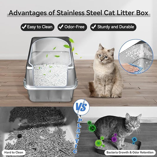 Stainless Steel Litter Box with Metal Lid and Scoop - Enclosed Metal Litter Box for Large Cats, Rust-Resistant, Odor-Control, Easy to Clean, Durable & Long-Lasting with Round Edge (L)