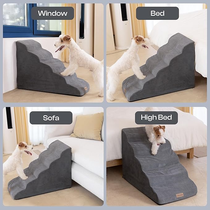 Extra Wide Dog Stairs for Large Dogs Up to 80lbs, 25" Pet Steps for High Bed with Washable Cover, 5-Step Foam Bed & Couch Ladder for Small Medium Dogs & Senior Cat, Gray