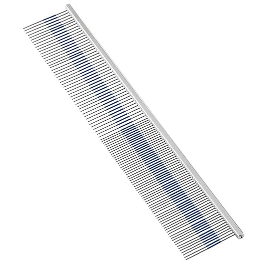 Chris Christensen 9" Long Tooth Fine/Extra Fine Comb-Out Comb, Groom Like a Professional, Rounded Corners Prevent Friction and Breakage, Unique Rubber Grip Line, Chrome Finish