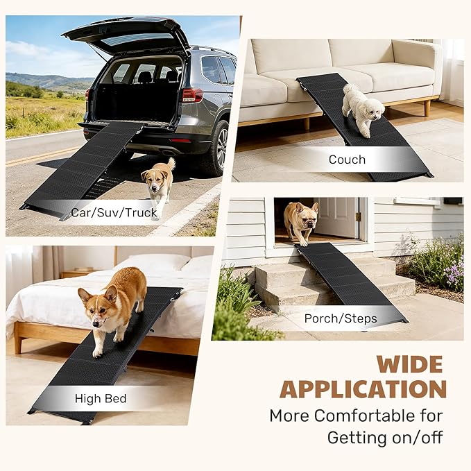 71" Extra Long Dog Ramp for Large Dogs, Heavy Duty Metal Frame Pet Ramp for High SUVs, Trucks and Cars, Portable Folding Travel Dog Ramps with Safety Latch, Supports up to 350lbs