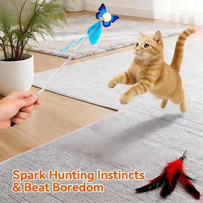 Cat Toy Set 11PCS: Interactive Bird Toys for Indoor Kittens & Cat Teaser Wand, 39" Fishing Pole + 18.5" Short Telescopic Wand, 2 Wires, 6 Feather & 1 Bird Toy – EVA Handles, Exercising, Playing