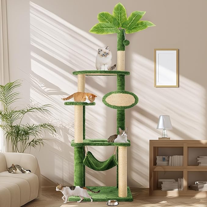 55 Inch Large Cat Tree Tower for Indoor Cats with Hammock Green Leaves Sisal Scratching Post, Plush Hang Ball Play Furniture for Kittens & Adult Cats, Green