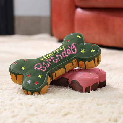 Tamu style Dog Birthday Toys for Small Medium and Large Breeds, Soft Cotton Filled Squeaky Play, Cute Bone Shape Cake, Fun Gift