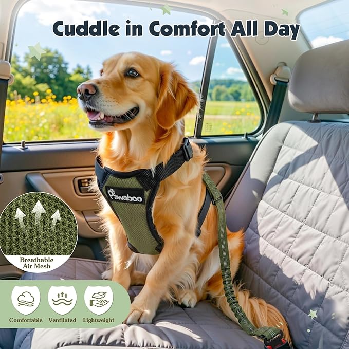Pawaboo Dog Seat Belt Harness for Car, Dog Car Harness Seatbelt with Double Clips, Adjustable Breathable Pet Vest & Dogs Safety Tether with Elastic Bungee for Small Medium Large Pet, M,Green + Black
