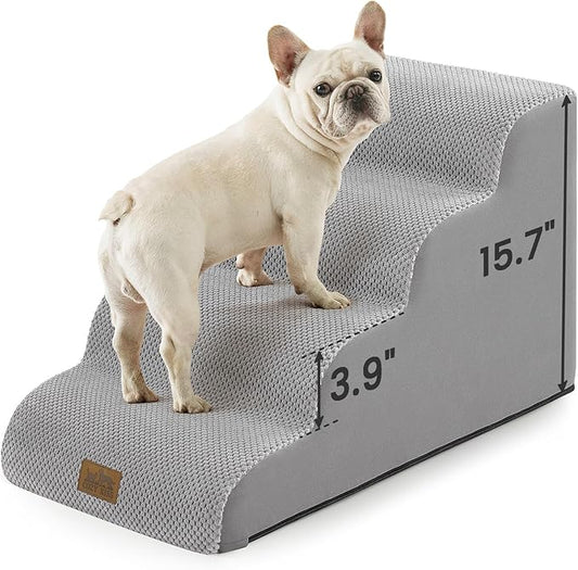 Dog Stairs for Small Dogs 15.7" H, 4-Step Sturdy Foam Dog Steps for Couch and Bed, Curved Pet Stairs for Puppy and Older Cat, Doggie Ladder with Washable Cover, 15.7x28.3x15.7 inch, Gray