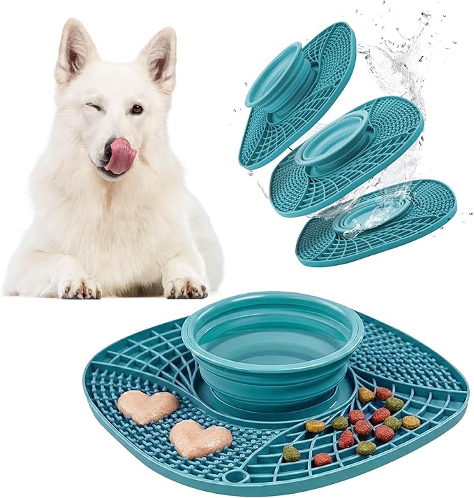 BelleBête & Co. 3-in-1 Pet Slow Feeder Lick Mat with Collapsible Bowl for Dog & Cat – Food-Grade Material & Non-Slip Base for Kibble, Dry and Wet Food, Digestive Health & Reduce Anxiety | Turquoise