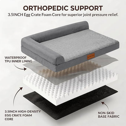 Patas Lague Orthopedic Dog Bed Medium Size Dog 30''X20'', Waterproof L Bolster Medium Pet Sofa Beds with Removable Washable Cover, Soft Comfortable Pet Couch Crate Mat with Nonskid Bottom, Grey