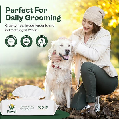 Pawsi Pet Wipes for Dogs and Cats, Hypoallergenic Grooming Wipes for Paws, Body and Butt, Cleaning and Hydrating, Lavender Scented, 2 Pack (100 Wipes Each, 200 Total)
