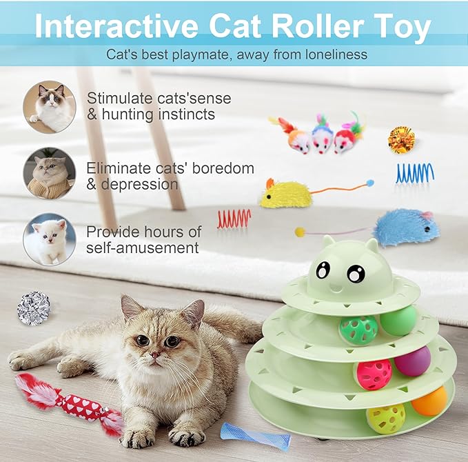 UPSKY 24 PCS Cat Toys, 3-Level Turntable Kitten Toys Set, Interactive Cat Roller Toys for Indoor Cats, Catnip Toys, Cat Teaser Toys, Mice Toys, Spring Toys, Various Ball Toys for Kitty
