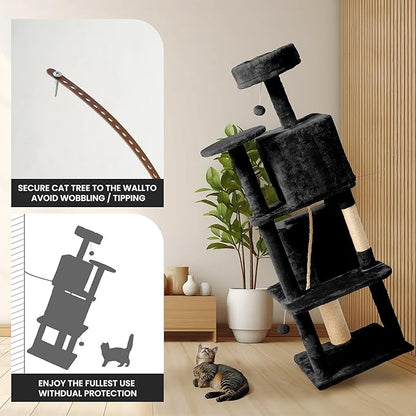 58in Large Cat Tree Tower for Indoor Cats with Soft Plush Hang Ball, Two Condos, Sisal Scratch Posts & Rope Play for Kittens/Adult Cats, Black