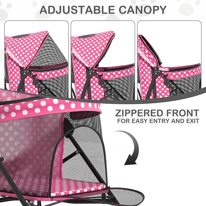 MoNiBloom 4 Wheels Pet Stroller, Easy-Fold Umbrella Shaped Dog Cat Jogger Stroller w/Storage Bag & Visible Mesh for Small/Medium Dogs Cats Hot Pink Polka Dots
