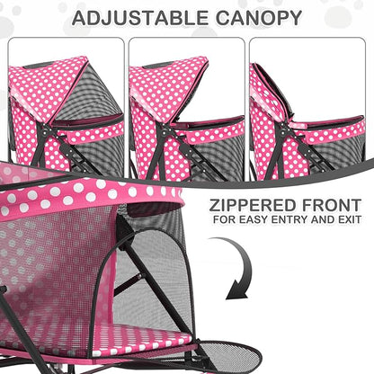MoNiBloom 4 Wheels Pet Stroller, Easy-Fold Umbrella Shaped Dog Cat Jogger Stroller w/Storage Bag & Visible Mesh for Small/Medium Dogs Cats Hot Pink Polka Dots