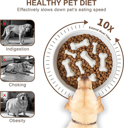 Ceramic Slow Feeder Dog Bowls, Ceramic Slow Feeder Maze Dog Food Bowl, Slow Eating Dog Bowl and Slow Feeder Dog Bowl Anti-Choking for Daily Pet Feeding （White Bone）