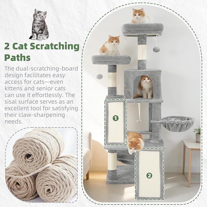 Multi-Level Cat Tree for Indoor Cats, Cat Tower with 2 Scratching Boards, 2 Plush Padding Platforms, Cat Condo House with Hammock, Basket, Light Gray GCT022W